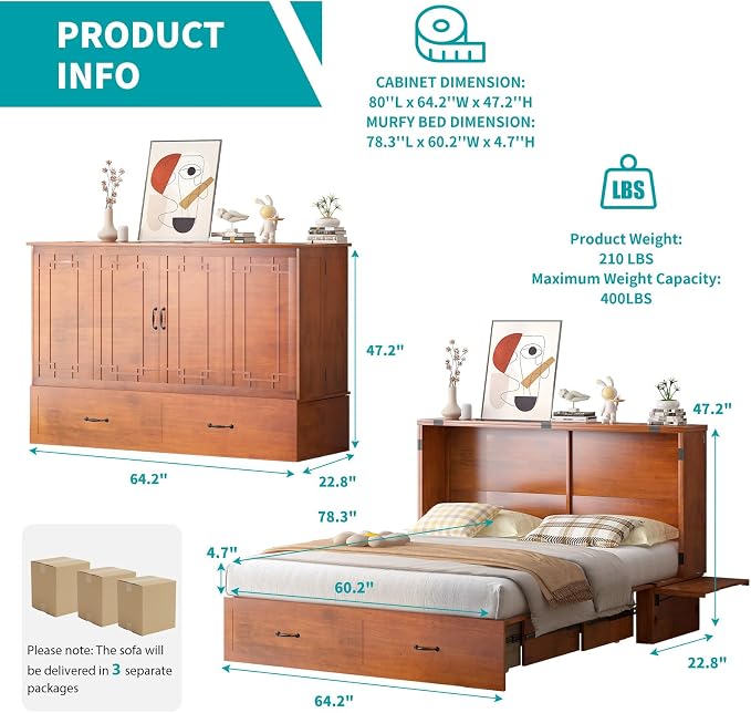 BALUS Queen Murphy Bed, Cabinet Bed with Built-in USB Ports & Storage Drawer, Space-Saving Modern Murphy Beds Cabinet Guest Beds for Office, No Mattress- Cherry