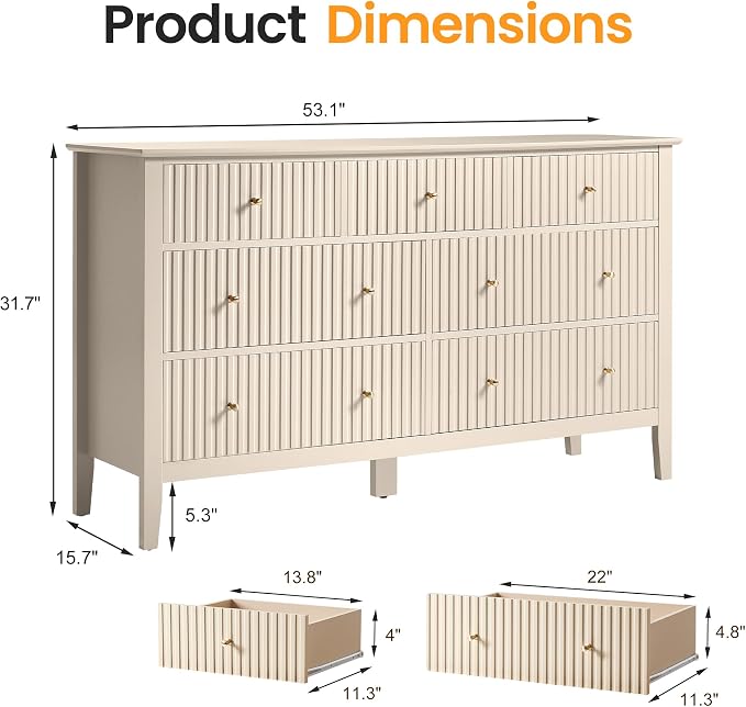 RoyalCraft 7 Drawer Dresser for Bedroom, 53" Wide Modern Wooden Chest of Drawers with Metal Handles, Painted Surface, Sturdy and Stable Storage Cabinet for Living Room, Beige