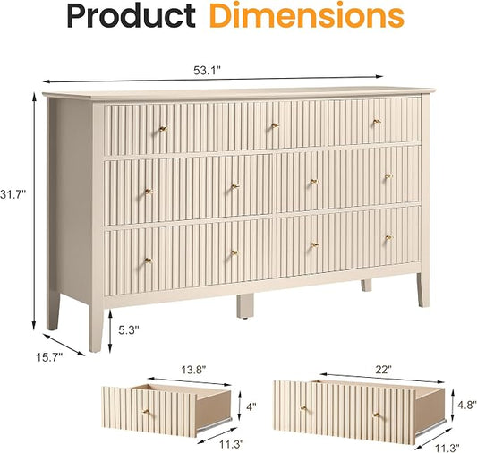 RoyalCraft 7 Drawer Dresser for Bedroom, 53" Wide Modern Wooden Chest of Drawers with Metal Handles, Painted Surface, Sturdy and Stable Storage Cabinet for Living Room, Beige