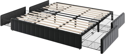 Allewie King Size Platform Bed Frame with 4 Large Storage Drawers, Velvet Vertical Channel Tufted Upholstered Bed Base, Wooden Slats Support, Noise-Free, No Box Spring Needed, Easy Assembly, Black