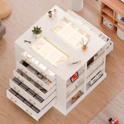 Closet Island with Glass Top, LED Lights and Jewelry Display, Bedroom Island with Open Shelves, Drawers Dresser & Walk-in Closet Island for Bedroom, Cloakroom, White 2