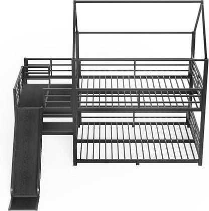 Harper & Bright Designs Floor Bunk Bed Full Over Full with Storage Stairs and Slide, Metal House Bunk Bed with Full Length Guardrails, No Box Spring Required, Noise Free, Space Saving, Black