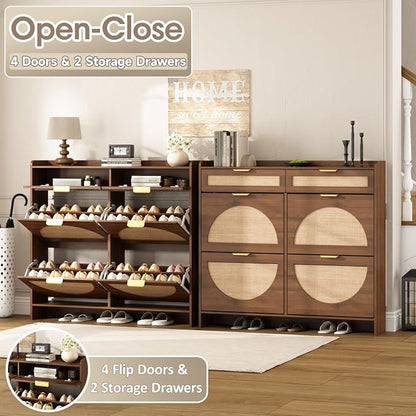 Rattan Shoe Storage Cabinet with 4 Flip Drawers & 2 Drawers, Freestanding Organizer for Front Door Entrance, Hidden Narrow Shoe Rack Cabinet Storage for Entryway, Walnut