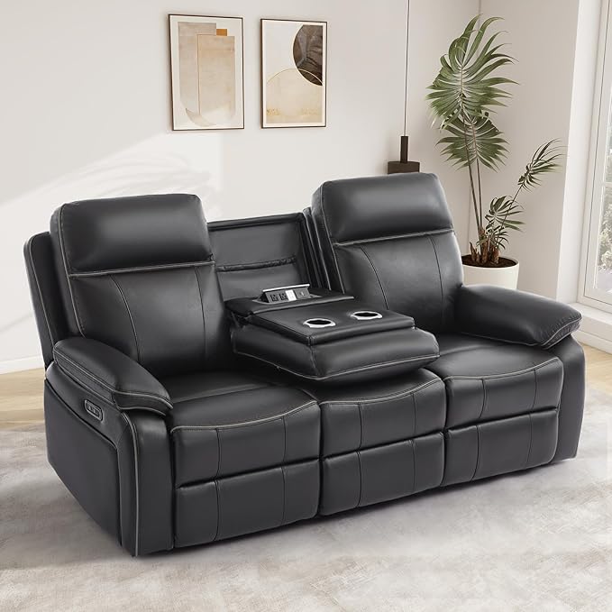 Power Reclining Sofa with Fold Down Table, Breathable Leather Electric Reclining Couch, Power Loveseat Recliner Sofa with Cup Holders/Outlets/USB-C/A Ports for Living Room (Black, 3 Seat)