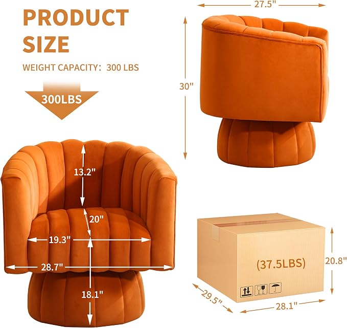 Swivel Accent Barrel Chair, Cute Comfy Small Round 360° Arm Chair, Velvet Sofa Club Reading Chair for Living Room, Bedroom, Office, Orange