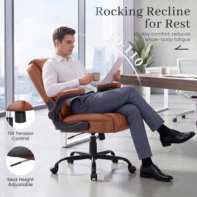 GTPOFFICE Executive Office Chair with Comfortable Lumbar Support, Ergonomic Gaming Chair with Flip-up Armrests & Zoned Pressure-Relief Cushion, Comfy PU Leather Desk Chair, Brown