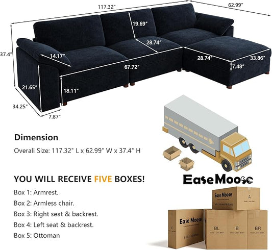 EASE MOOSE Blue Sectional Modular Sofa,Oversized L Shape Sectional Couch Wide Deep seat Sectional Sofa, Removable Cover