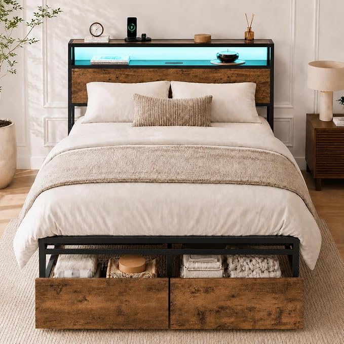 Zevemomo Full Size Bed Frame with Storage Drawers, Bed Frame Full Size with Headboard, LED Light, Charging Station with 3 USB Ports & 1 Type-C Port, Noiseless, Rustic Brown