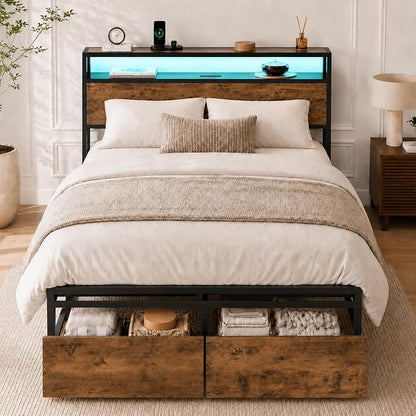 Zevemomo Full Size Bed Frame with Storage Drawers, Bed Frame Full Size with Headboard, LED Light, Charging Station with 3 USB Ports & 1 Type-C Port, Noiseless, Rustic Brown