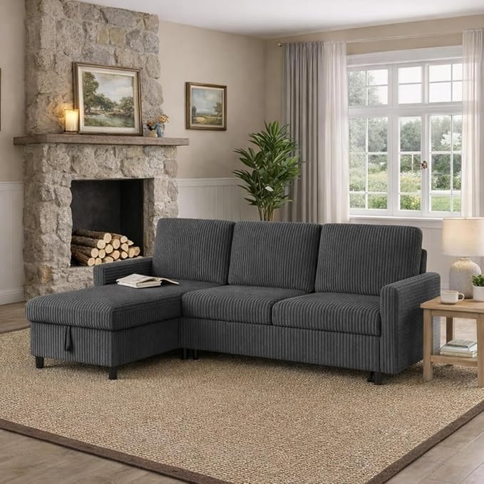 77" Pull Out Sleeper Sofa Bed with Storage Chaise, L-Shaped Corduroy Sectional Couch, 3-Seater Convertible Sofa Bed for Small Space, Apartment & Guest Room, Pet-Friendly & Easy Assembly, Dark Grey