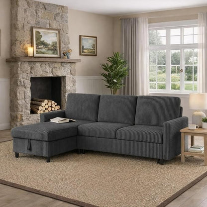 77" Pull Out Sleeper Sofa Bed with Storage Chaise, L-Shaped Corduroy Sectional Couch, 3-Seater Convertible Sofa Bed for Small Space, Apartment & Guest Room, Pet-Friendly & Easy Assembly, Dark Grey