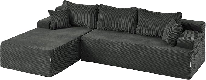 Hobestluk Modular Sectional Sofa Couches L-Shape Couch 3 Seat Modular Sofa Memory Foam Sectional Couches for Living Room, Cloud Couch with Oversized Chaise (Grey Corduroy, 96", Left Hand Facing)