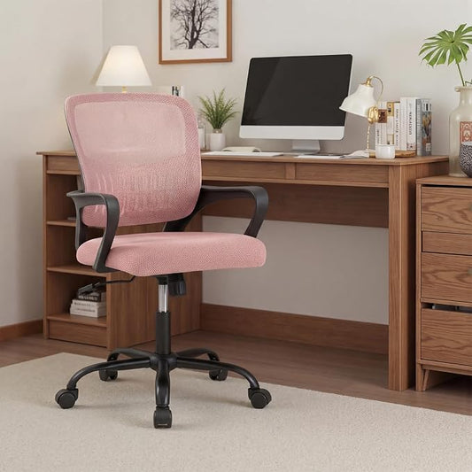 DUMOS Home Office Chair - Ergonomic Mid Back Mesh Desk Chair with Lumbar Support & Rocking Mode, Height Adjustable with Fixed Armrest, for Conference, Computer, 360° Swivel, Adults, Pink