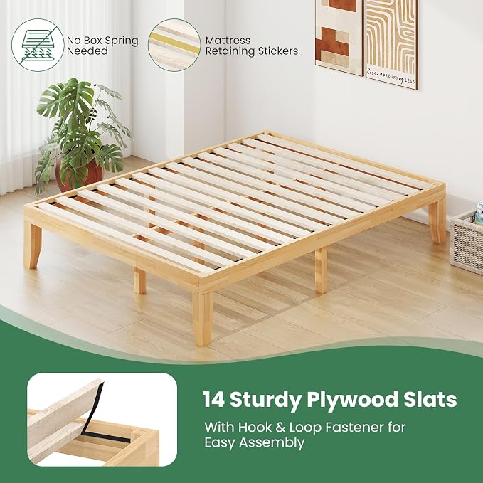 KOMFOTT 14 Inches Wood Platform Bed Frame Queen Size, Wooden Mattress Foundation with Rubber Wood Frame, Strong Wooden Slats Support, No Box Spring Needed, Bed Frame (Natural)