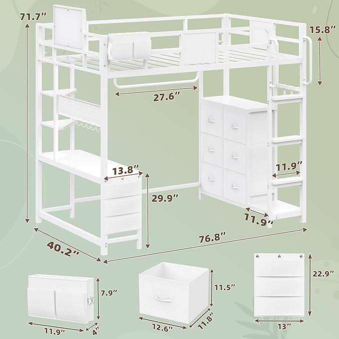 Dnxao Twin Size Loft Bed with Desk, Anti-Wobble Heavy Duty Metal Frame with DIY Pegboard & 6 Storage Drawers, LED Lights, Charging Station with Type-C, Space-Saving Workstation for Kids Teens, White