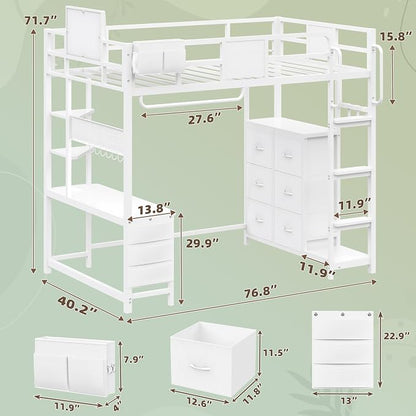 Dnxao Twin Size Loft Bed with Desk, Anti-Wobble Heavy Duty Metal Frame with DIY Pegboard & 6 Storage Drawers, LED Lights, Charging Station with Type-C, Space-Saving Workstation for Kids Teens, White