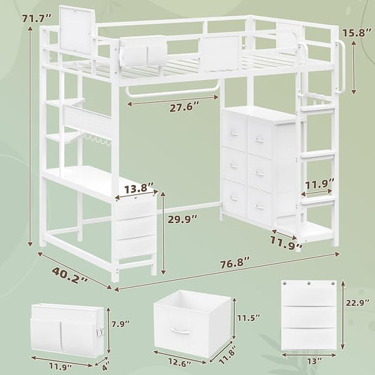 Dnxao Twin Size Loft Bed with Desk, Anti-Wobble Heavy Duty Metal Frame with DIY Pegboard & 6 Storage Drawers, LED Lights, Charging Station with Type-C, Space-Saving Workstation for Kids Teens, White
