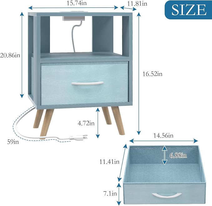 Huhote Kids Nightstand, 2-Tier Night Stand with Charging Station and Drawer, Modern Side Table for Bedroom, Study Room, Small Spaces, Blue