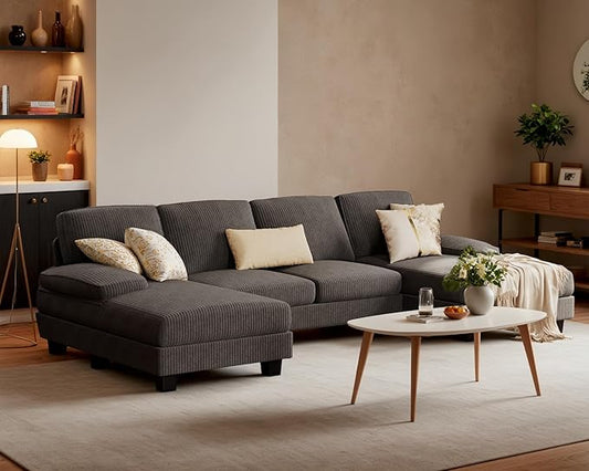 Furniwell Convertible Sectional Sofa Couch, 4 Seat Sofa Set for Living Room U-Shaped Modern Fabric Modular Sofa Sleeper with Double Chaise & Memory Foam (Corduroy, Deep Grey)