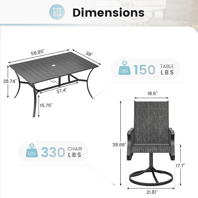7 Pieces Patio Dining Set, Patio Outdoor Furniture Set of 6 Patio Swivel Dining Chairs and Patio Spliced Rectangular Tabletop with Umbrella Hole, for Deck, Backyard, Poolside & Garden