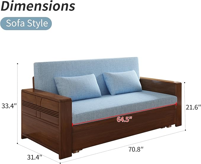71" Queen Convertible Sofa Sleeper, 3-in-1 Sectional Sofa Bed with Reversible Chaise, Blue Cushions,Solid Wood Frame, Pull Out Couch for Living Room Apartment Bedroom Office