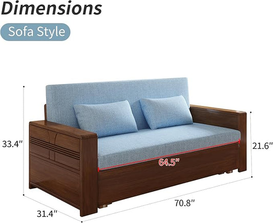 71" Queen Convertible Sofa Sleeper, 3-in-1 Sectional Sofa Bed with Reversible Chaise, Blue Cushions,Solid Wood Frame, Pull Out Couch for Living Room Apartment Bedroom Office