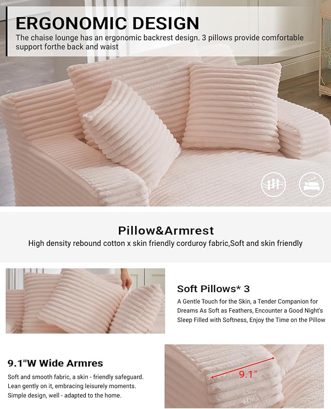 ivoros 50 Inch Chaise Lounge Chair Indoor, Oversized Corduroy Upholstered Boneless Sofa Bed, Deep Seat Sleeper Couch Reading Chairs, Cloud Sofas Couches for Living Room, No Assembly Required (Pink)