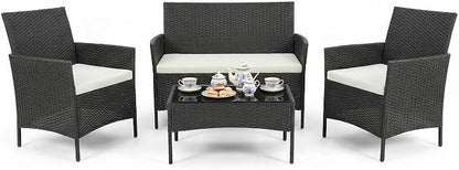 4 Piece Patio Furniture Set, Outdoor Deck Rattan Chair Wicker Combo Furniture, All Weather Dialogue Rattan Sofa with Upholstery and Glass Table for Garden, Backyard, Porch, Lawn, Pool, Black+White