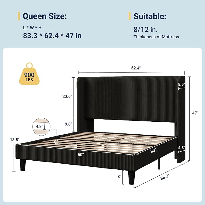 Allewie Queen Size Bed Frame with Upholstered Wingback Headboard, Vertical Channel Tufted Corduroy Velvet Platform Bed, Strong Wooden Slats Support, No Box Spring Needed, Easy Assembly, Sturdy, Black