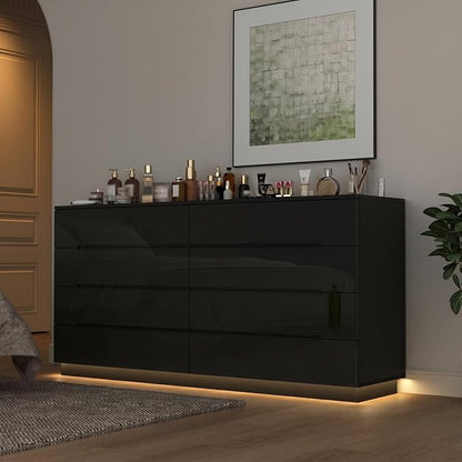 Modern High Gloss Dresser with LED Lights, 8 Drawer Dresser for Bedroom, Bottom Warm Lights, Handle-Free Design, 63" Contemporary Chest of Drawers Black 63" W x 15.7" D x 30.9" H