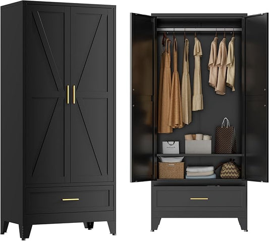 Black Metal Wardrobe Closet, Steel Armoire Wardrobe with Drawer Clothes Cabinet for Bedroom, 71" Tall Farmhouse Armoire Closet with Drawer, Shelf and 2 Doors Clothing Storage Cabinet with Hanging Rod