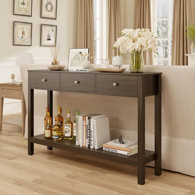 Gizoon Sofa Table with 3 Drawers, Modern Accent Console Table with Open Shelf, Large Storage Space, for Living Room, Front Hall, Entrance Hall, Study Room, Dark Brown