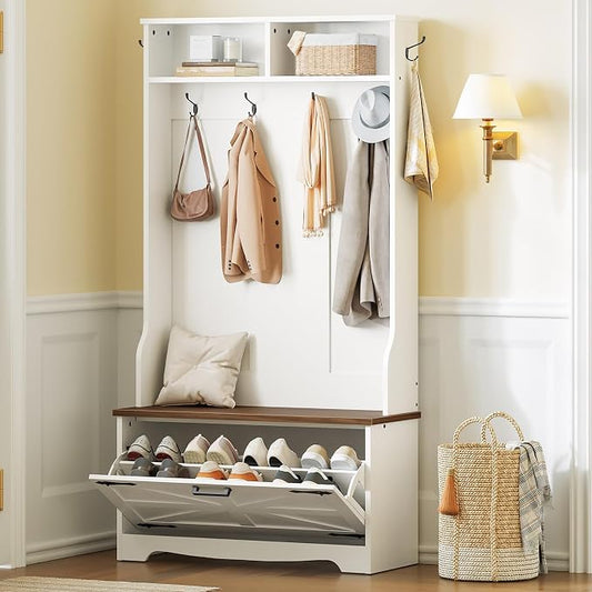 HOOBRO Hall Tree with Bench, Entryway Bench with Coat Rack and Shoe Cabinet, Flip Drawers, Farmhouse Hall Tree with Shoe Organizer, Mud Room, White and Walnut WH85MT01