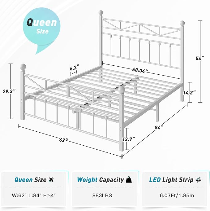 EnHomee 14.2" Queen Size Metal Platform Bed Frame, 54" Tall Headboard and LED Lights, Victorian Vintage Footboard, Under Bed Storage, Heavy Duty Metal Slats & Noise Free, White