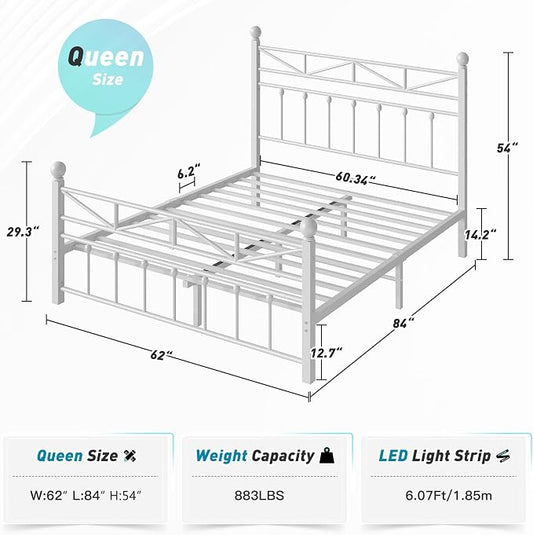 EnHomee 14.2" Queen Size Metal Platform Bed Frame, 54" Tall Headboard and LED Lights, Victorian Vintage Footboard, Under Bed Storage, Heavy Duty Metal Slats & Noise Free, White