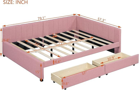 Merax Full Size Upholstered Daybed with 2 Storage Drawers,Wooden Sofa Bed Frame for Bedroom Guest Room, No Box Spring Needed