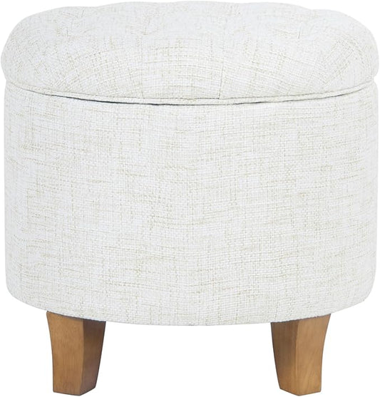 HomePop 19" Button Tufted Round Storage Ottoman - Cream Textured Solid