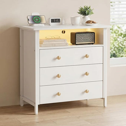 27 Inch LED Nightstand with Charging Station & 3 Drawers, White | Solid Wood and Steel Frame, 2 AC Outlets, 2 USB Ports, RGB App Control, Open Storage, Adjustable Feet, for Bedroom or Office