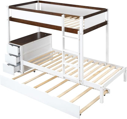 Harper & Bright Designs Twin Over Twin Bunk Bed Twin Size Trundle, Wood Twin Bunk Bed with USB Ports, Storage and Desk, White+Walnut