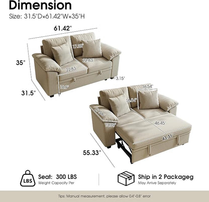 WorthFurni 61” Pull Out Couch, 2 in 1 Sleeper Sofa Bed with Throw Pillow, Convertible Small Loveseat Sleeper Couch for Living Room, Bedroom, Apartment (Sand)