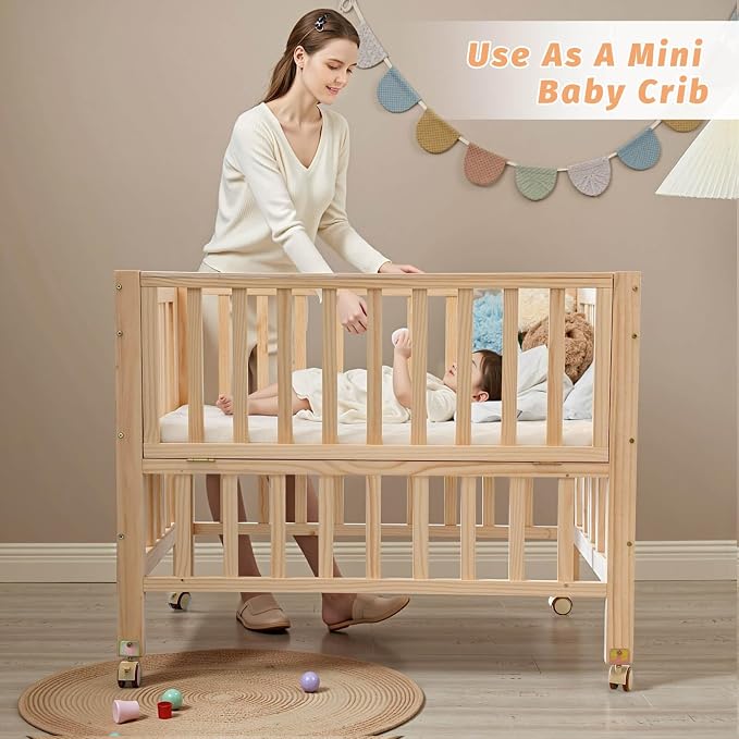 Flwrgirl Folding Wood Bedside Bassinet - Portable 4-in-1 Baby Bassinet with Breathable Mattress,3 Heights Baby Crib with Wheels,Mini Crib for Infant Newborn and Small Space,Unpainted