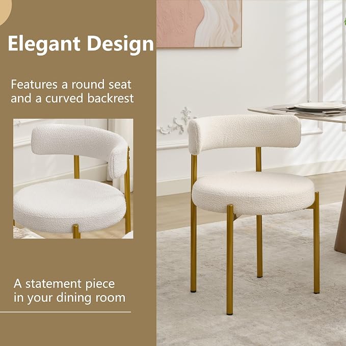 Boucle Dining Chairs Set of 2, White Dining Chairs with Upholstered Seat and Gold Legs, Mid-Century Modern Kitchen Chairs for Dining Room, Restaurant