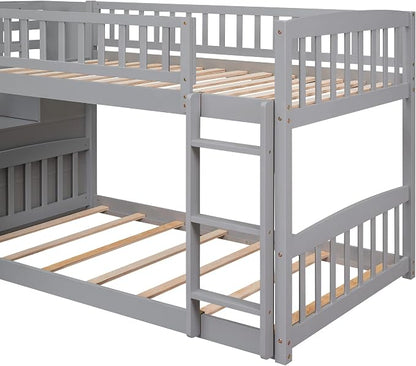 Ball & Cast Twin Over Twin Size Bunk Bed with Two Drawers and Slide,Wood Bunkbed w/Full-Length Guardrails & Storage Convertible Ladder,Space Saving,Slat Support,Bedframe for Child's BedroomGray