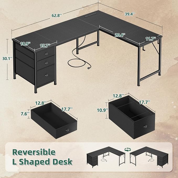 Furologee 63" L Shaped Desk with Power Outlets & USB-C Port, Reversible Corner Computer Desk with 3 Fabric Drawers, Hooks, Large Home Office Desk for Gaming, Writing, Work, Black