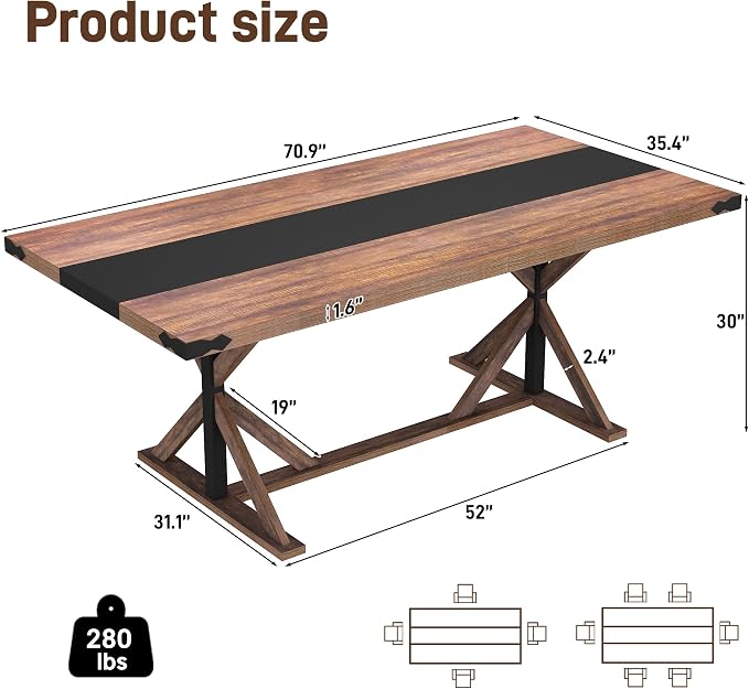 70 INCH Dining Room Table for 4-6 People,Wooden Rectangular Kitchen Table W/Waterproof Thickness Tabletop,Farmhouse Long Dinner Table W/Adjustable Leg for Home Dining Room,Living Room,Office(Brown)