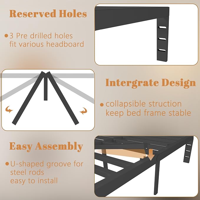 16 Inch Black Bed Frame Queen Size, Metal Platform Queen Bed Frame with Anti-Slip Baffles, No Box Spring Needed, Heavy Duty Steel Platform Support, Round Corner Design, Storage Space, Noiseless