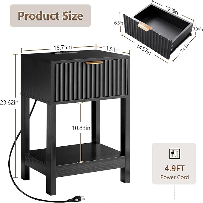 Nasonet Night Stand Set 2, Fluted Nightstand with Charging Station, Wood Bedside Table with Drawer & Storage Shelf, Modern End Tables for Bedroom Sofa Couch Office, Black