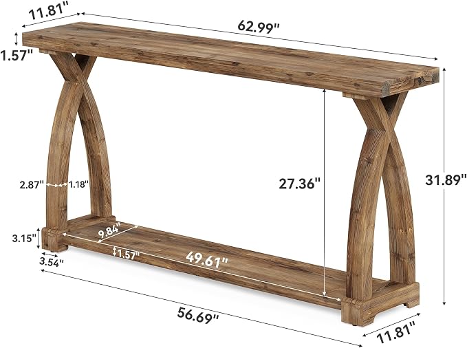 Solid Wood Console Table for Entryway, 63-Inch Narrow Farmhouse Couch Table Behind Sofa with 2-Tier Storage for Entrance, Foyer, Living Room, Long, Rustic Brown
