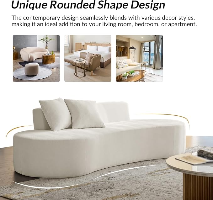 94.5" Boneless Sofa with 2 Pillows, 3 Seater Compressed Foam Sofa with Half Moon Design & Deep Seat, No Assembly Required, Modern Cloud Couch for Living Room, Ivory