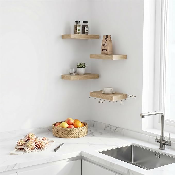 Floating Shelves for Wall, Wall Mounted Shelves Set of 4, 11.8 Inch Hanging Shelf with Invisible Brackets,Oak